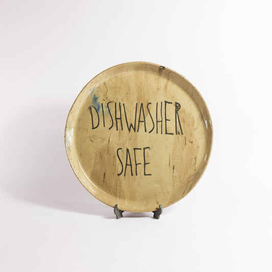 Round porcelain plate with 'Dishwasher Safe' text inside on a white background